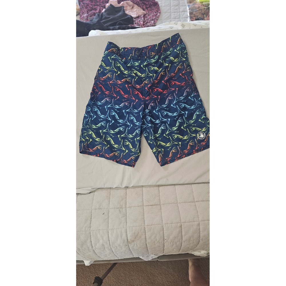 Body Glove Boys Navy Blue Shark Print Swim Trunks Mesh Lined Shorts Size L 14/16
